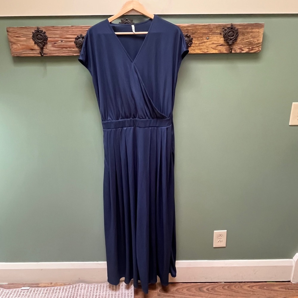 Halara Navy Blue Waffle Knit Wide Leg Jumpsuit Surplice V-Neck Pockets Large NWT